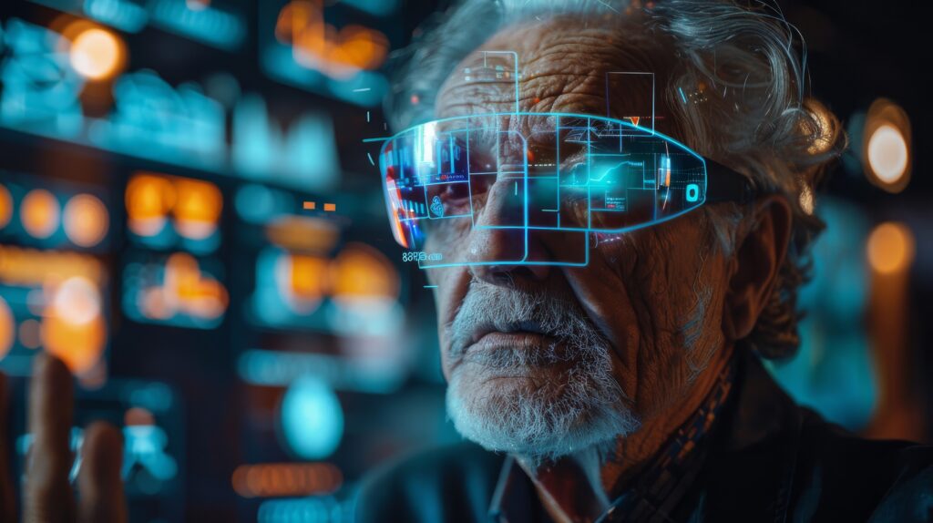 "Elderly man wearing AR smart glasses with digital holographic interface, symbolizing accessibility and innovation in immersive technology for seniors."
