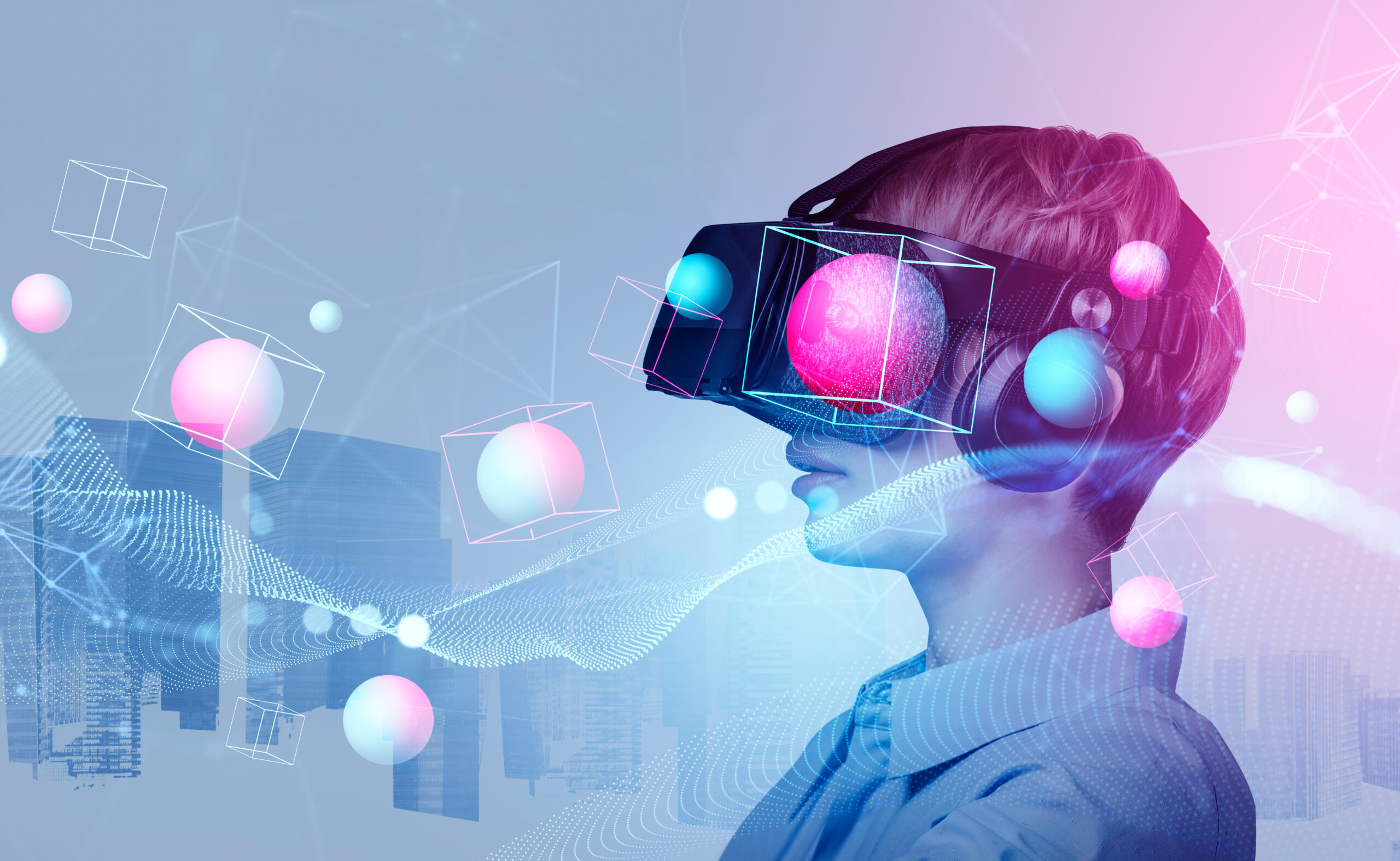 "Person wearing a VR headset experiencing augmented reality with digital 3D spheres and cubes, symbolizing innovation and accessibility in immersive technology."