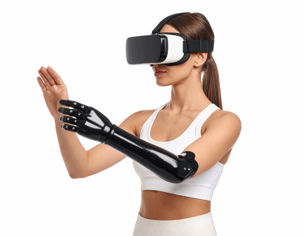 "Woman with a prosthetic arm using a VR headset, demonstrating how virtual reality can enhance accessibility, inclusion, and adaptive experiences."