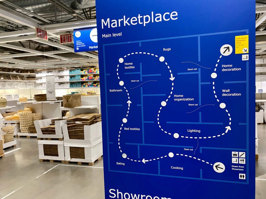 IKEA store wayfinding sign showing Marketplace layout and navigation path