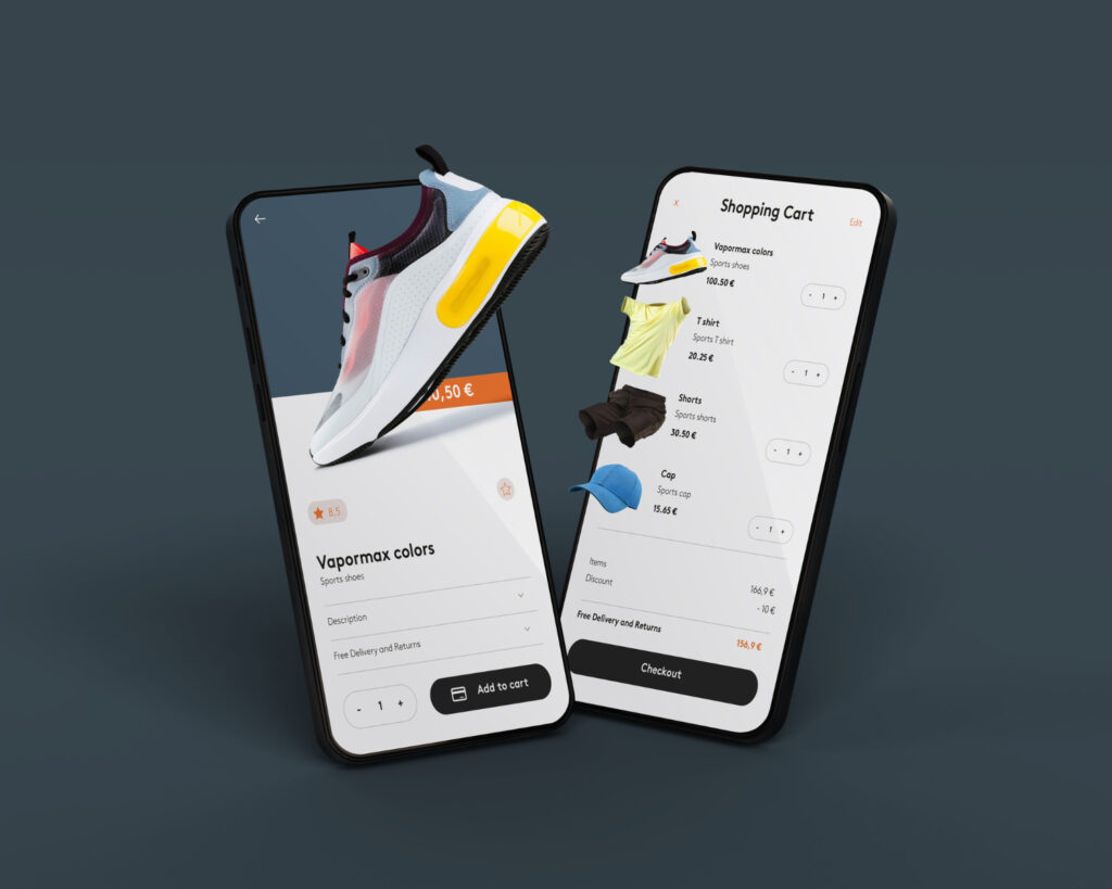 Mobile shopping app interface displaying a sneaker product page and a shopping cart.