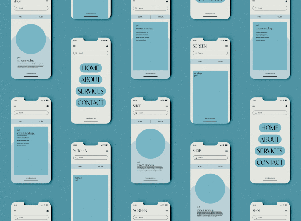 Collection of mobile screen wireframes and layouts showing website and app design concepts created using Figma.