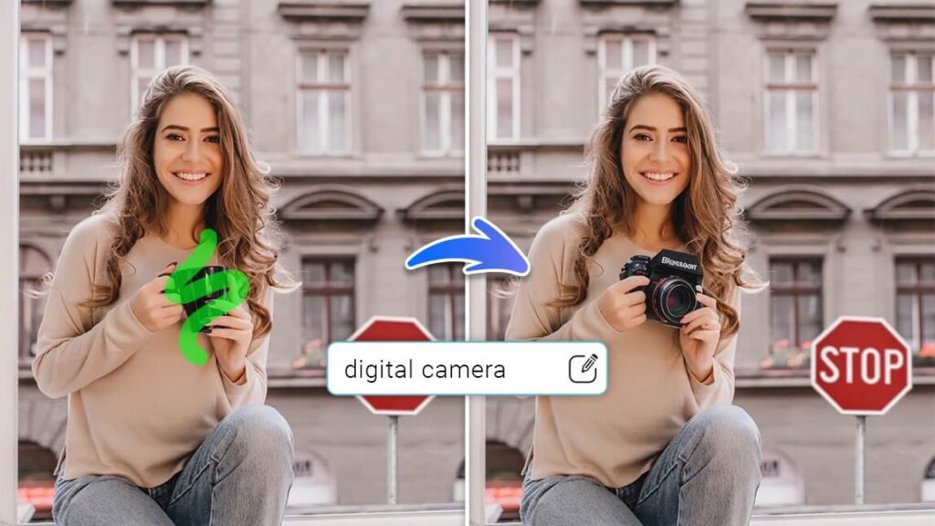 AI image generation and editing replacing objects in a photo, demonstrating risks of manipulation and copyright concerns