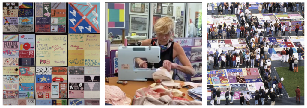 AIDS Memorial Quilt panels and community activism honoring victims of the AIDS epidemic