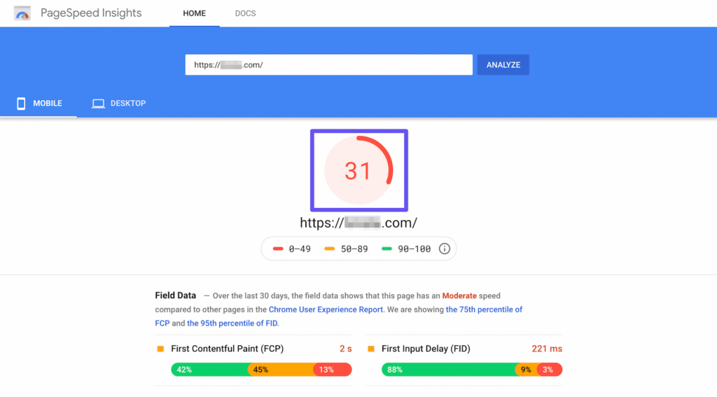 Google PageSpeed Insights report showing poor website speed performance score