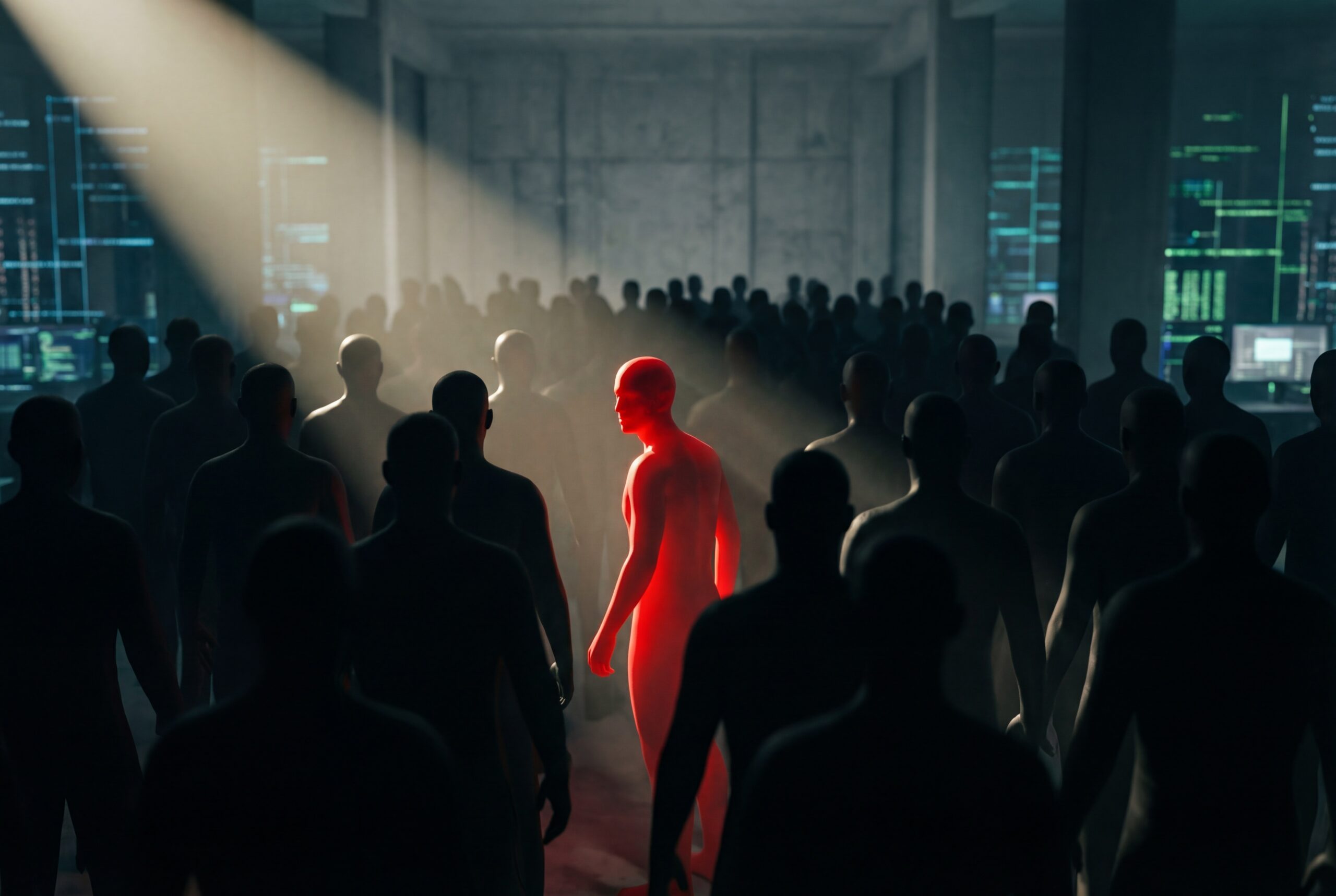 A glowing red figure standing out among a crowd representing strong branding and business differentiation