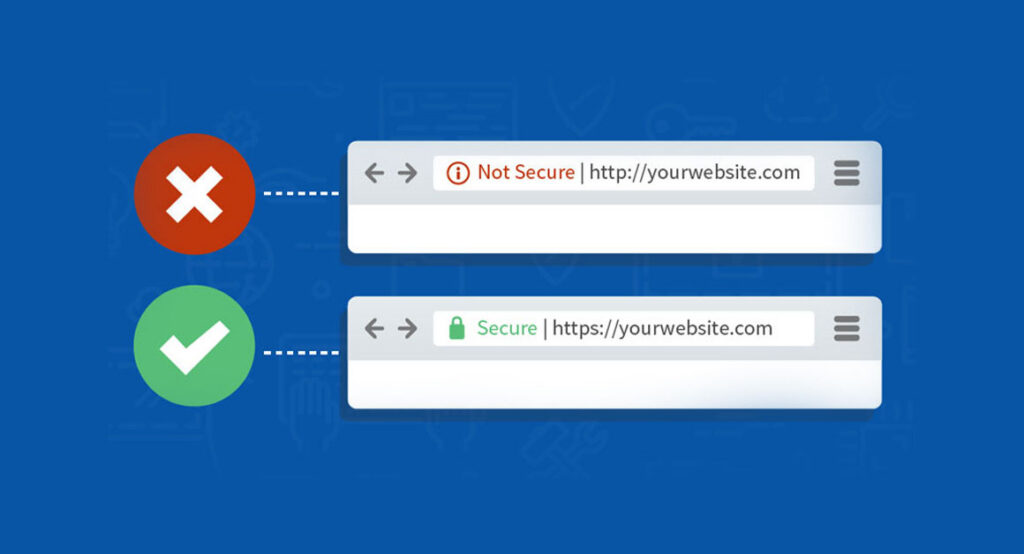 Secure HTTPS website connection with SSL certificate trust indicators