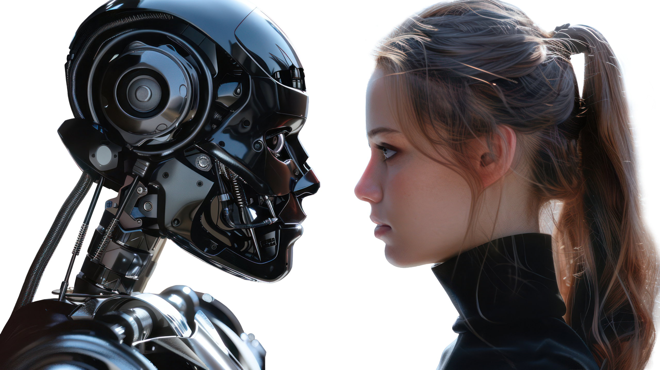 Artificial intelligence robot facing human designer representing AI versus human creativity in design