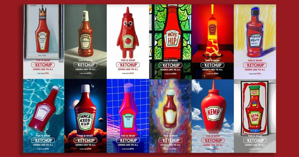 Heinz AI ketchup campaign showing AI generated interpretations of ketchup bottle branding