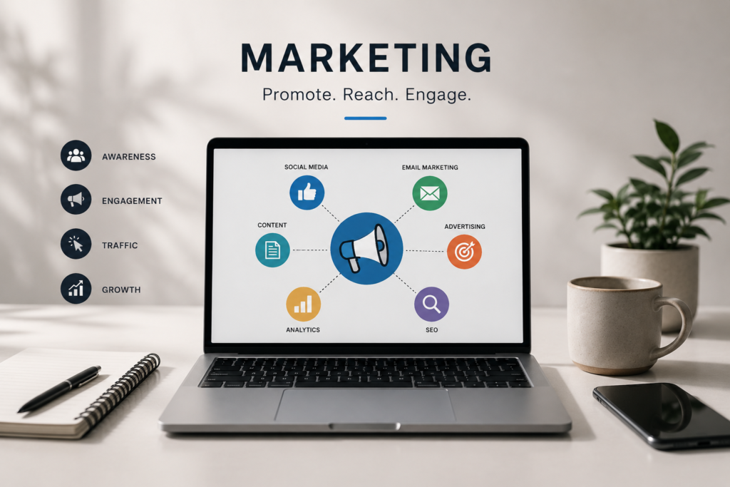 Digital marketing strategy featuring SEO, social media, email marketing, analytics, and online advertising.