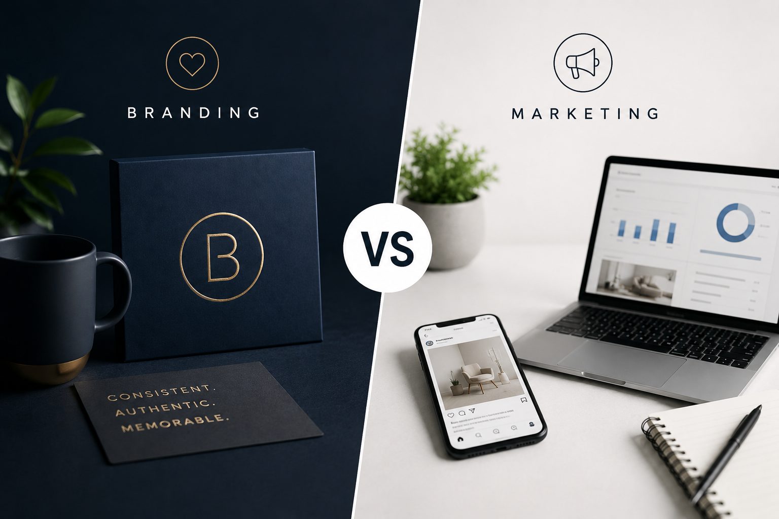 Branding vs marketing comparison showing brand identity alongside digital marketing strategy.