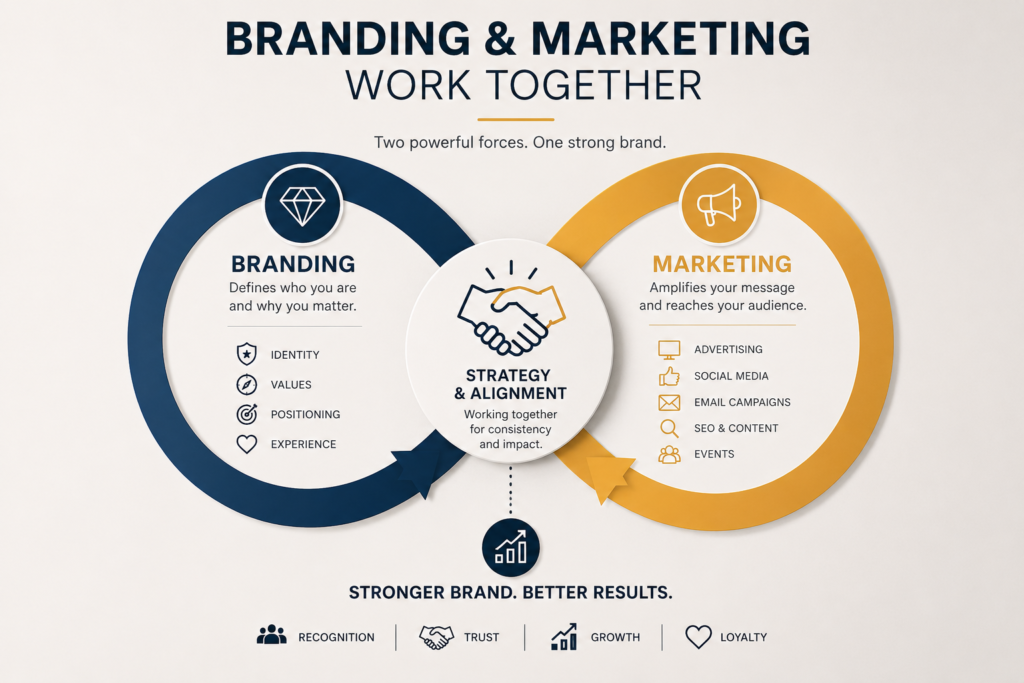 Branding and marketing working together to build brand recognition, customer trust, and business growth.