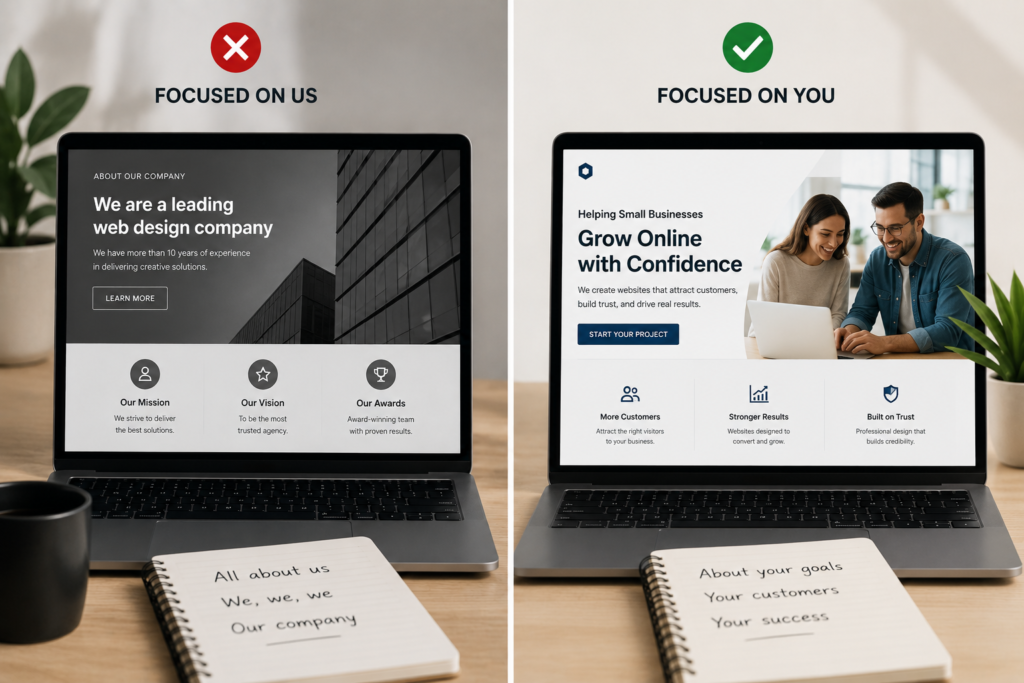 Outdated small business website compared with a modern professional website redesign