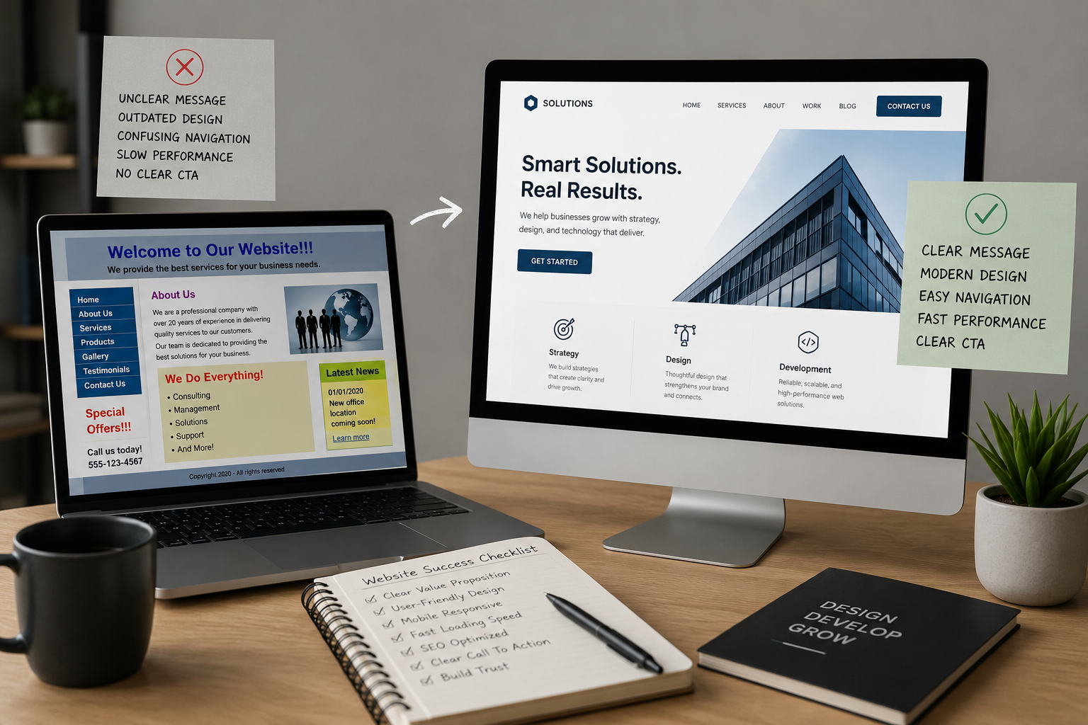 Outdated website compared with modern professional website design that builds customer trust