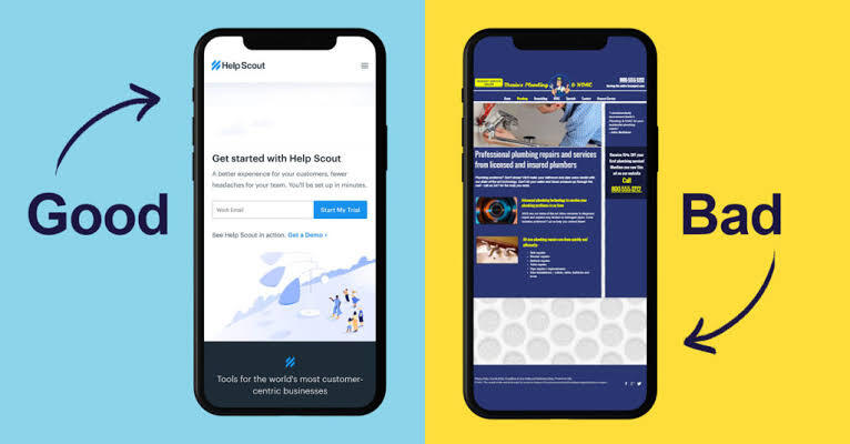 Good and bad mobile website design comparison showing responsive and poorly optimized layouts