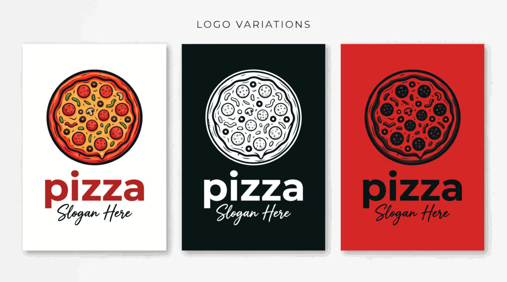 Pizza brand logo variations showing different colours and visual identity applications