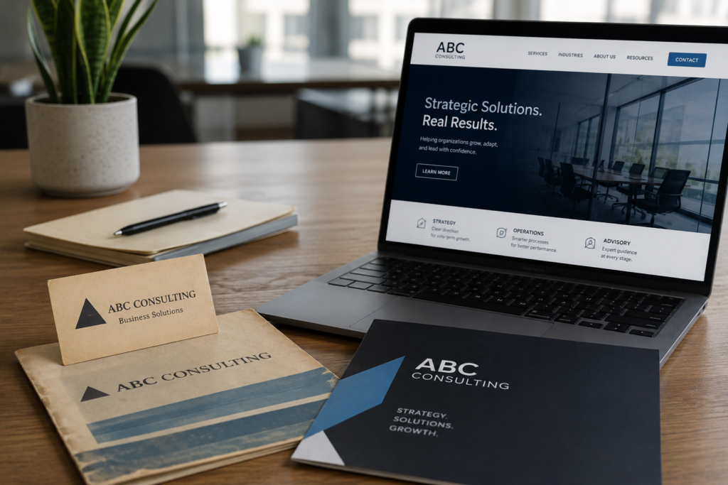 Old ABC Consulting branding beside a modern website and updated brand identity