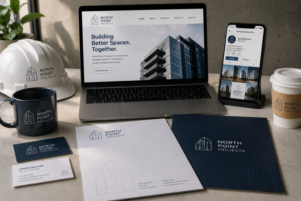 North Point Projects brand identity applied across website, mobile, stationery, hard hat and packaging
