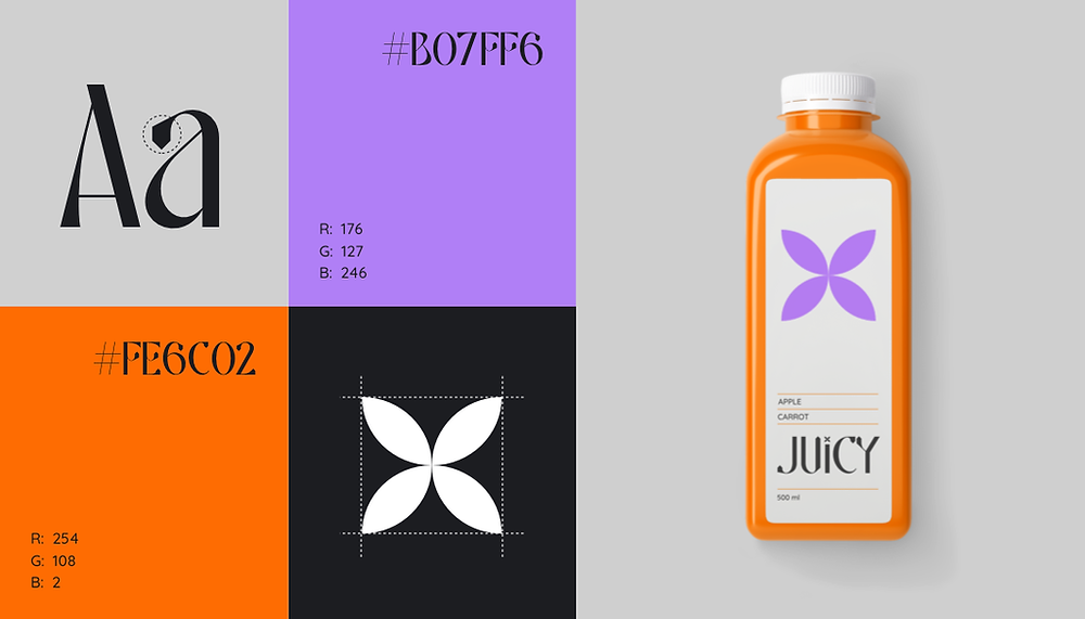 Juicy brand identity design featuring a purple floral logo, orange and lavender colour palette, typography, and juice bottle packaging.