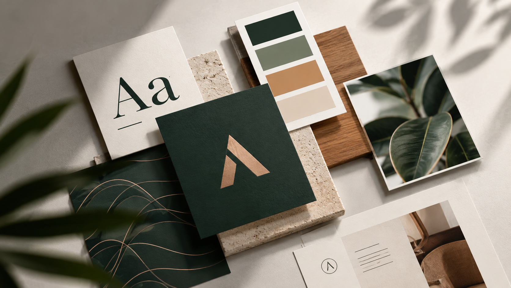 Complete brand identity design presentation featuring a geometric logo, typography samples, green and neutral colour palettes, branded stationery, and photography.