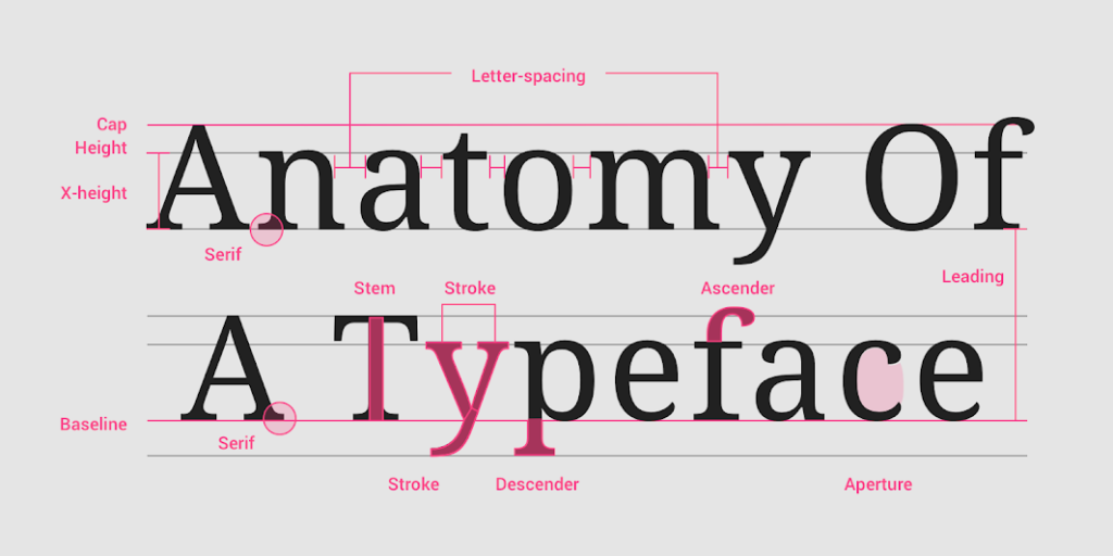 Typography anatomy diagram illustrating serif, stem, stroke, baseline, x-height, ascender, descender, and letter spacing.